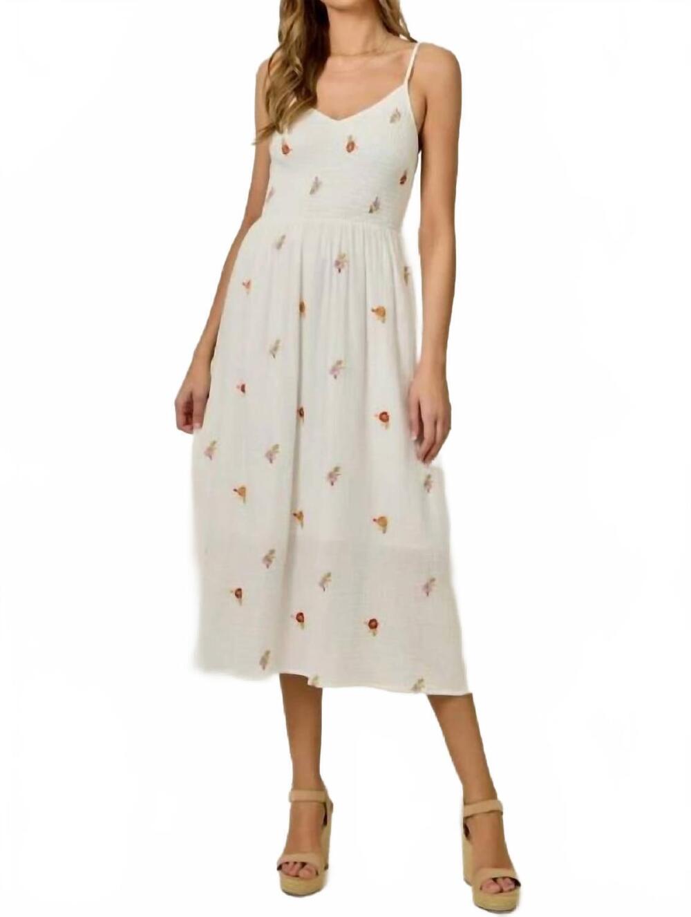 NEW MYSTREE embroidered double gauze smocked dress in off white